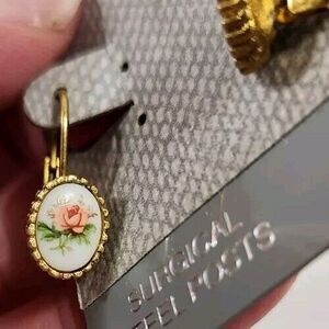 Vintage Enamel White W Pink Rose Gold-Tone Trim Surgical Steel Posts Earrings